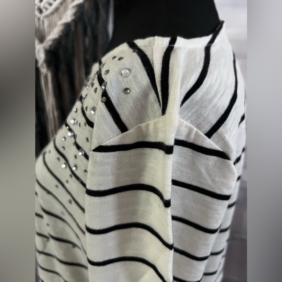 Talbots Ivory Black Stripe Plus Size 1X Rhinestones 3/4 Sleeves Knit Top Blouse - Picture 5 of 12